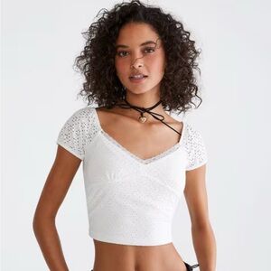 Aeropostale Eyelet Ruched Lace-Trim Crop Top